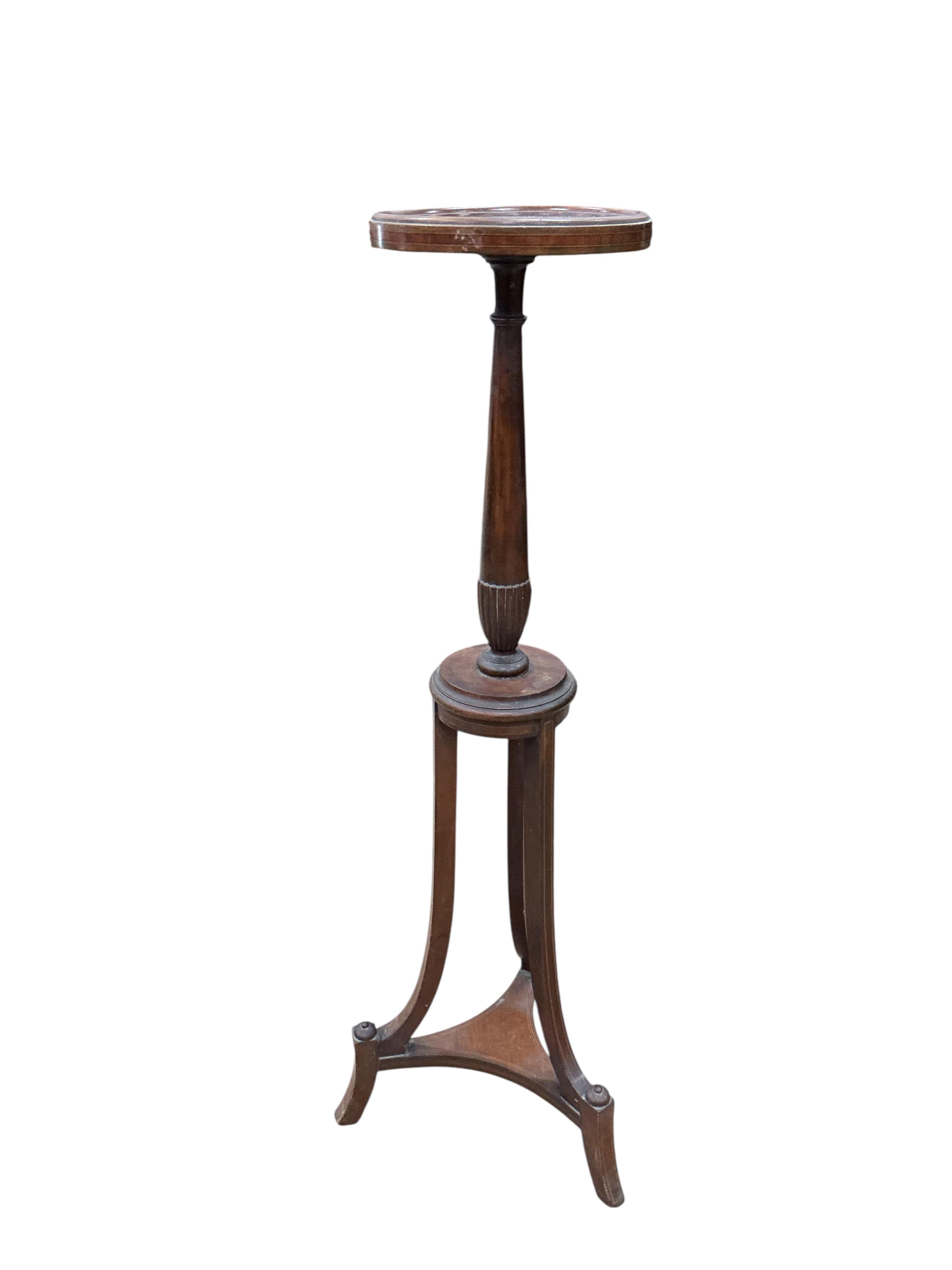 An Edwardian satinwood banded mahogany torchere, height 106cm